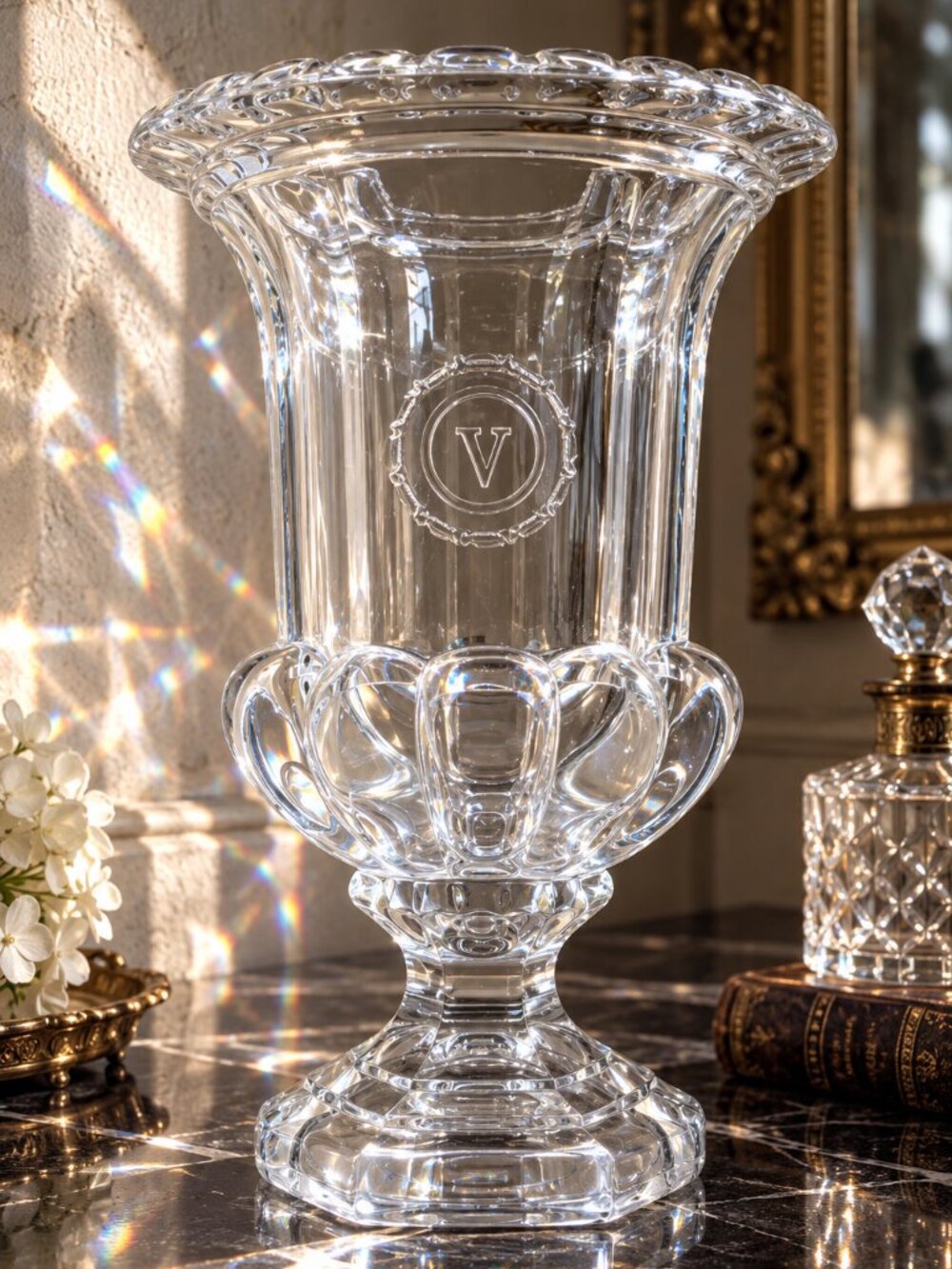 Vintage Val Saint Lambert Crystal Vase Scalloped Rim V Medallion Pedestal Urn